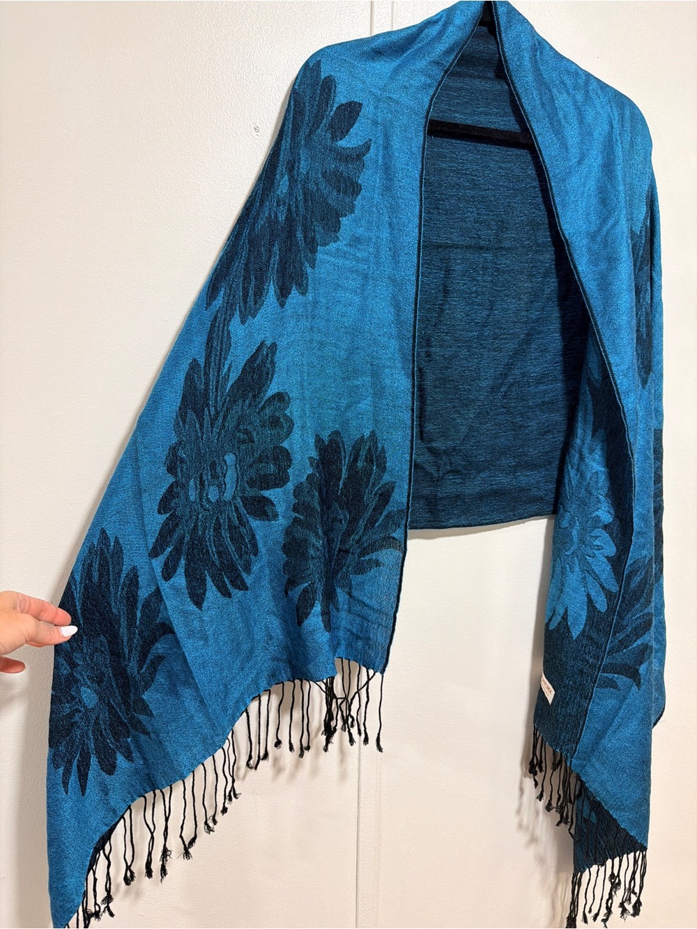 pashmina Teal Blue Jacquard Fringe Wrap